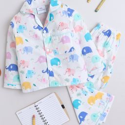 Knitting Doodles Pure Cotton Woven Full Sleeves Baby Elephant Printed Coordinating Night Suit Set - Light Beige-image-96