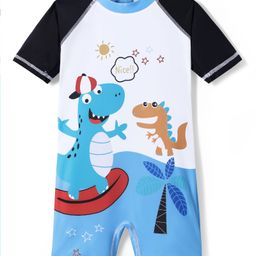 Rovars Half Raglan Sleeves Legged Swimsuit with Dino Print - White Blue & Black-image-77