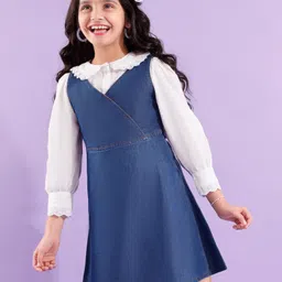Hola Bonita Cotton Woven Half Sleeves Denim Dungaree Dress with Solid Shirt - Blue & White-picture-41