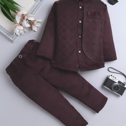 Fourfolds Woven Full Sleeves Abstract Embroidered Jodhpuri & Trousers Set - Wine-image-95
