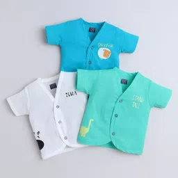 Polka Tots Cotton Woven Pack Of 3 Half Sleeves Animals & Typography Printed Jhablas - White Light Blue & Mint Green-picture-47