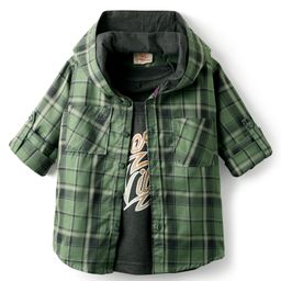 Rikidoos Full Sleeves Checked Hooded Shirt With Tee Set - Green & Dark Grey-image-32