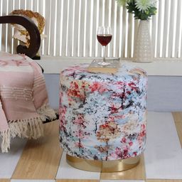 Shadowkart White & Pink Printed Round Wooden & Velvet Pouffes Pedestal Ottoman-30