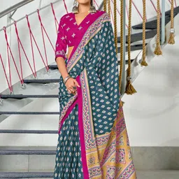 SYS Brand - Shop Your Style Women Ethnic Motifs Printed Cotton Blend Ikat Saree-image-3