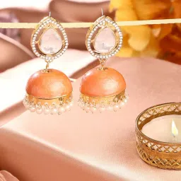 Zaveri Pearls Peach Meenakari Austrian Diamonds Traditional Jhumki Earring-ZPFK17226 image 2