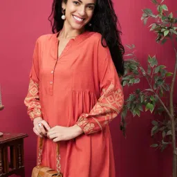 Globus Rust Embroidered A Line Kurti-image-74