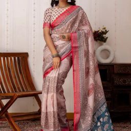 Satrani Multi Cotton Blend Printed Saree With Unstitched Blouse-image-62
