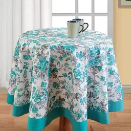 Swayam Aqua & White 4 seater Cotton 200 TC Round Table Cover  - Set of 1-38