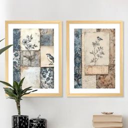 Art Street Beige Wood Vintage Illustration Bird On Branch Wall Painting - Set of 2-14