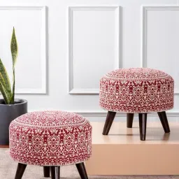 Netroots Printed Red Cotton Canvas 4 Wooden Legs Ottoman - Set of 2-12