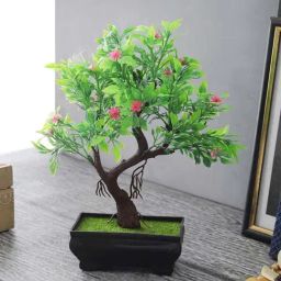 Foliyaj Green & Pink Plastic Artificial Y Shaped Bonsai Tree With Flowers-5
