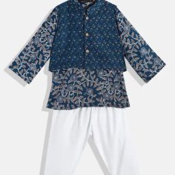 READIPRINT FASHIONS Kids Navy & White Floral Print Full Sleeves Kurta, Nehru Jacket with Pyjamas-image-20