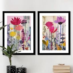 Art Street Pink Wood Paper Flower & Leaf Watercolor Painting - Set of 2-36
