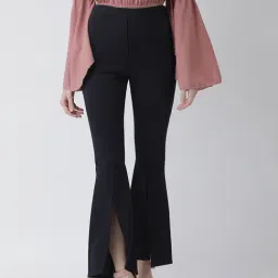 KASSUALLY Black Relaxed Fit Mid Rise Bootcut Trousers-image-96