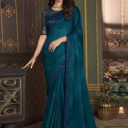 Satrani Blue Embellished Saree With Unstitched Blouse-image-49
