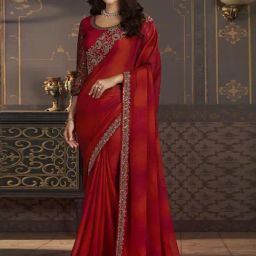 Satrani Red Embroidered Saree With Unstitched Blouse-image-18