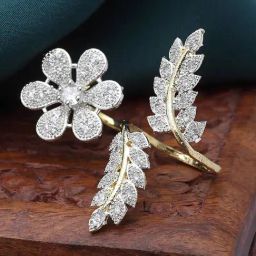Zeneme Gold Plated AD Studded Leaf & Flower Adjustable Finger Ring-17