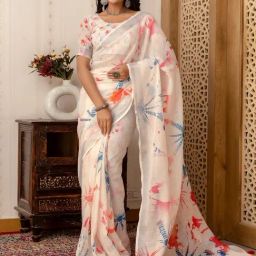 Satrani Off White Cotton Blend Printed Saree With Unstitched Blouse-image-7