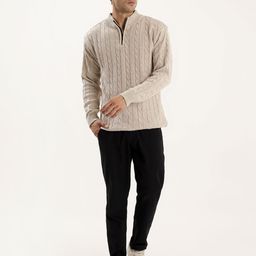 Kveto style redefined Men Cable Knit Self Design Mock Collar Half Zipper Pullover-image-97