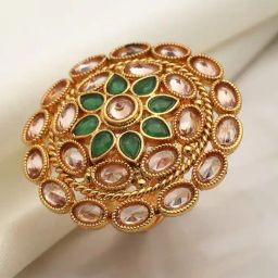 Zeneme Gold Plated Green CZ Stone Studded Adjustable Finger Ring-69