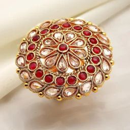 Zeneme Gold Plated Red CZ Stone Studded Adjustable Finger Ring-74