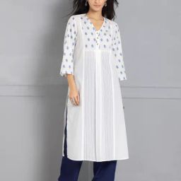 Shaye V-Neck White Printed Three-Quarter Sleeves Ethnic Kurtas For Women-image-0