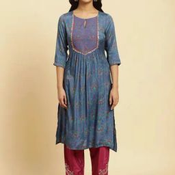 W Blue Printed Straight Kurta-image-72