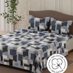 Layers Lumina Floret Navy Blue Cotton Geometric 140 TC Flat Double Bedsheet with 2 Pillow Covers-picture-43