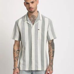 The Bear House Green Regular Fit Striped Shirt-image-32