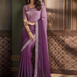 Satrani Purple Embroidered Saree With Unstitched Blouse-image-49