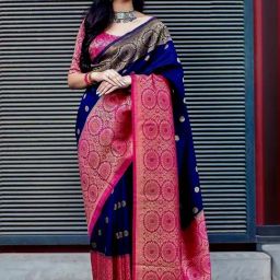 Anjaneya Sarees Blue & Pink Silk Woven Saree With Unstitched Blouse-picture-11
