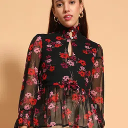 Oxolloxo Women Floral Printed Keyhole Neck Bell Sleeve Chiffon Casual Peplum Top-image-28