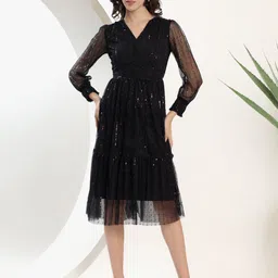 Justin Whyte Embellished Round Neck Fit & Flare Midi Dress-image-89