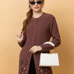 CLAPTON Women Floral Woollen Longline Cardigan with Embroidered Detail-image-12
