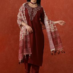 QSH Women Floral Yoke Design Regular Thread Work Kurta with Trousers & Dupatta-13