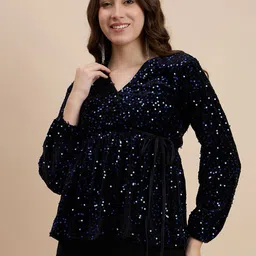 DRAPE AND DAZZLE Polka Dot Puff Sleeve Velvet Empire Top-picture-39