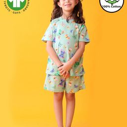 Anthrilo Half Sleeves Butterflies Printed Tee With Shorts - Green-image-63