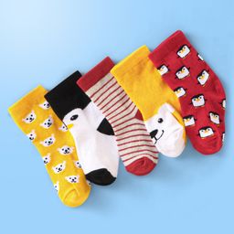 Cute Walk by Babyhug Anti Bacterial Ankle Length Non Terry Socks Bear Face Design Pack of 5 - Red Yellow & White-image-11