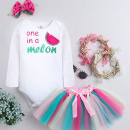 TINY MINY MEE Full Sleeves Typography Printed Onesie With Skirt And Bow Embellished Headband - White-image-42