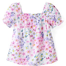 Babyhug Rayon Woven Half Sleeves Top with Smocking Detailing & Floral Print - White & Pink-image-80