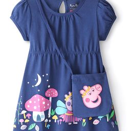 Babyhug Cotton Jersey Woven Puffed Sleeves Peppa Pig Printed Frock with Sling Bag - Navy Blue-image-67