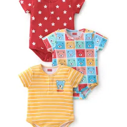 Babyhug 100% Cotton Knit Half Sleeves Striped & Stars Printed Onesies Pack of 3 - Multicolour-picture-49