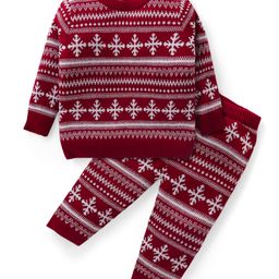Babyhug Knitted Full Sleeves Pullover Sweater & Pant Set with Snowflake Design - Red-image-21