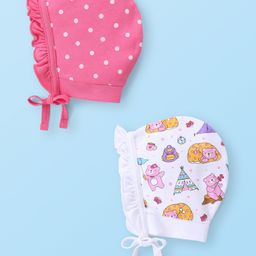 Babyhug 100% Cotton Cap with Knot Polka Dot & Bear Print Pack of 2 - Pink-image-93