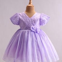 Babyhug Woven Half Puffed Sleeves Fit & Flared Party Frock with Floral Corsage - Lavender-image-59