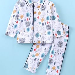 OHMS Single Jersey Knit Full Sleeves Night Suit with Tree Print - White-image-40