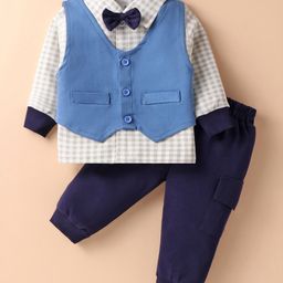 Child World Cotton Knit Full Sleeves Checkered 3 Piece Party Suit with Bow - Blue-picture-25