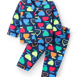 Babyhug Cotton Knit Full Sleeves Front Open Night Suit With Fruits Print - Navy-image-13