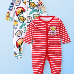 Babyhug Disney Interlock Knit Full Sleeves Footed Sleep Suits with Striped & The Lion King Graphics Pack of  2  - Red & White-image-83