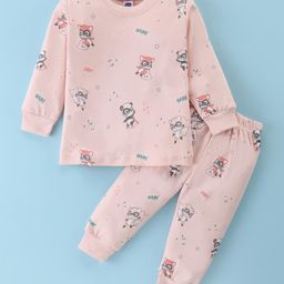Teddy Cotton Knit Full Sleeves T-Shirt & Lounge Pants Co-Ord Set With Super Panda Print - Peach-picture-11